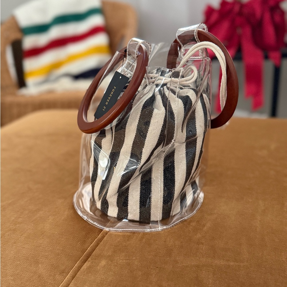Vintage Clear Tote with Striped Pouch and Brown Handles